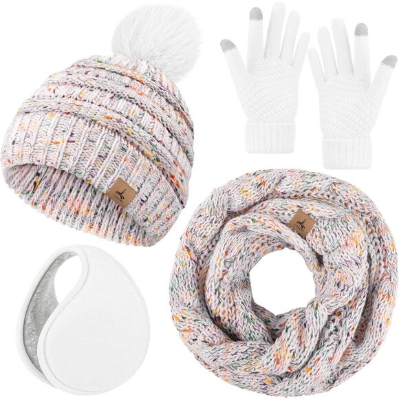 Women Wight Knit Beanie Hat, Gloves, Scarf & Ear Warmer Set - Winter - Picture 1 of 6